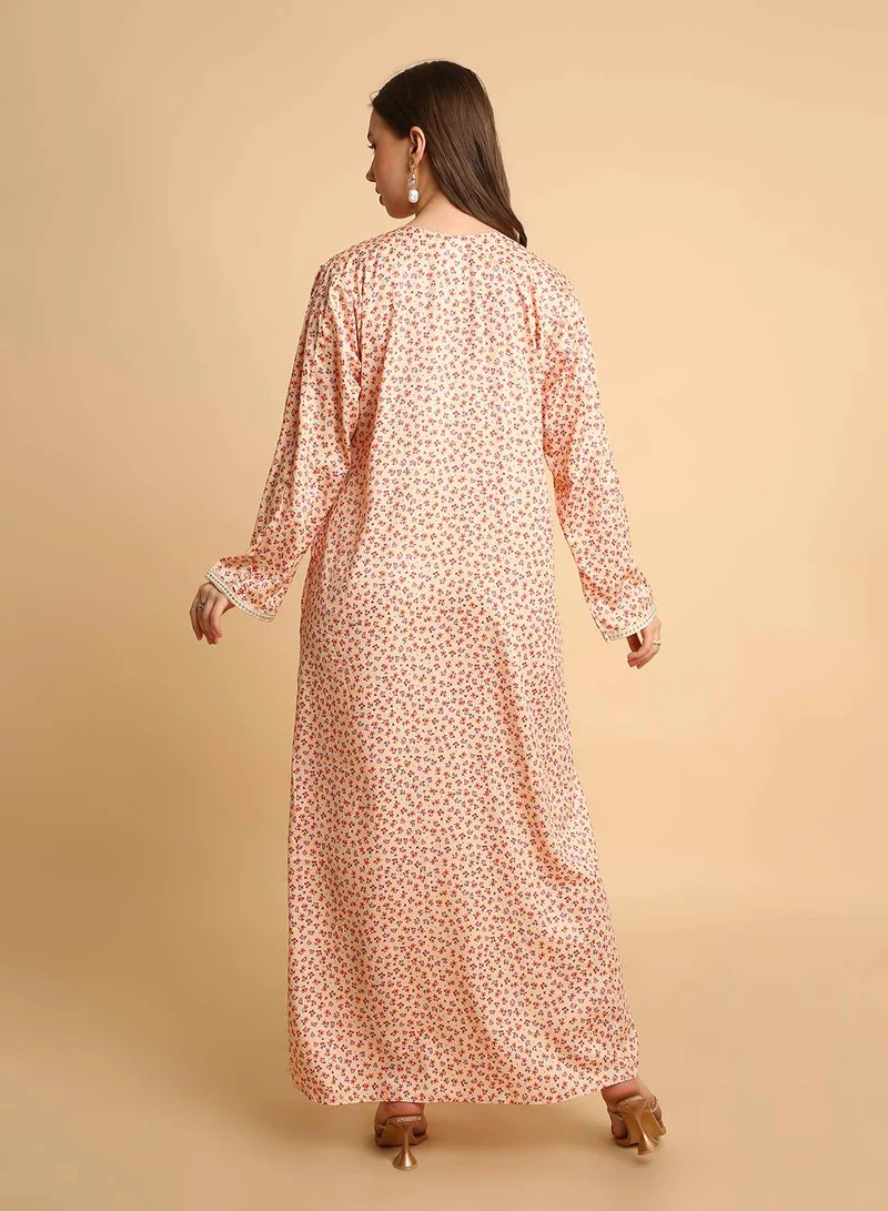 HANA & SARA Elegant Women Jalabiya Dress – Arabic Style Floral Print with Embroidered Chest Design